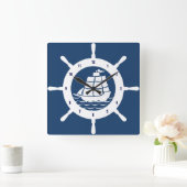 Nautisch blauw en wit navelwiel vierkante klok (Huis)