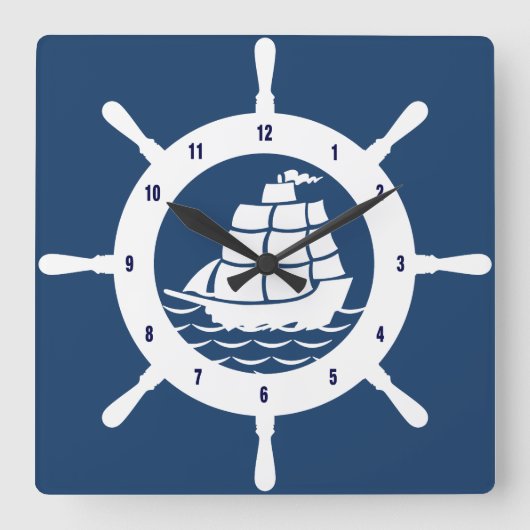 Nautisch blauw en wit navelwiel vierkante klok (Voorkant)