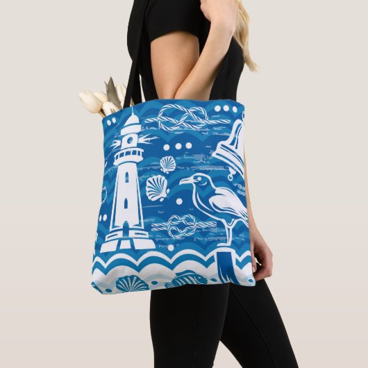Nautisch blauw en wit tote bag (Dichtbij)