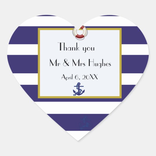Nautisch blauw en witte bruiloft bedankt hart sticker (Voorkant)