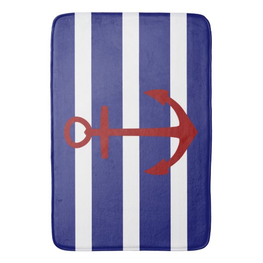 Nautisch blauw en witte streep met rood anker badmat (Voorkant Verticaal)