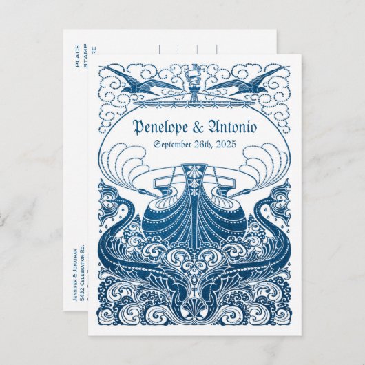  Nautisch Blauw Folie Trouwen Save the Date Aankondigingskaart (Voorkant / Achterkant)