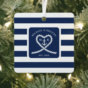 Nautisch Blauw Gestreepd Touw Hart Anker Kerst Metalen Ornament