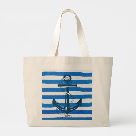 Nautisch blauw gestreept anker grote tote bag (Achterkant)