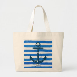 Nautisch blauw gestreept anker grote tote bag
