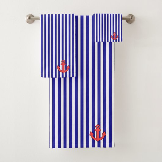 Nautisch blauw gestreept rood anker bad handdoek (Insitu)