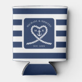 Nautisch Blauw Gestreept Touw Hart Anker Bruiloft Blikjeskoeler (Voorkant)