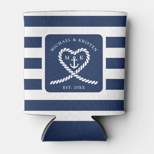 Nautisch Blauw Gestreept Touw Hart Anker Bruiloft Blikjeskoeler (Voorkant)