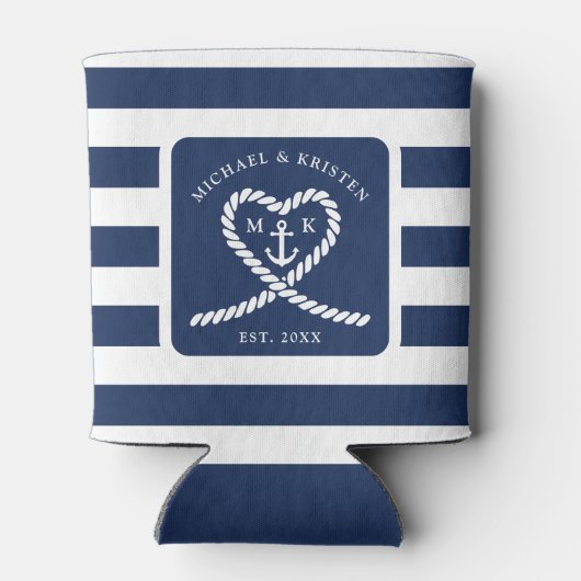 Nautisch Blauw Gestreept Touw Hart Anker Bruiloft Blikjeskoeler (Achterkant)