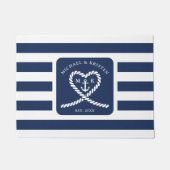 Nautisch Blauw Gestreept Touw Hart Anker Bruiloft Deurmat (Voorkant)