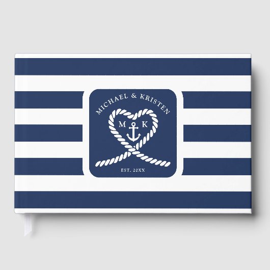 Nautisch Blauw Gestreept Touw Hart Anker Bruiloft Gastenboek (Voorkant)