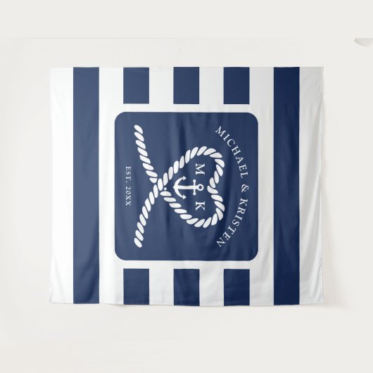 Nautisch Blauw Gestreept Touw Hart Anker Bruiloft Wandkleed (Voorkant (horizontaal))