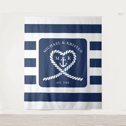Nautisch Blauw Gestreept Touw Hart Anker Bruiloft Wandkleed (Voorkant)