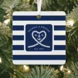 Nautisch Blauw Gestreept Touw Hart Anker Kerstmis Metalen Ornament<br><div class="desc">Nautisch blauw met wit gestreept kerstornament. Geweldig voor een marine (militair) of meerhuis Xmas boomdecoratie. Design beschikt over een hartvormig touw met anker en paar initialen in het midden. Personaliseer het met uw gegevens.</div>