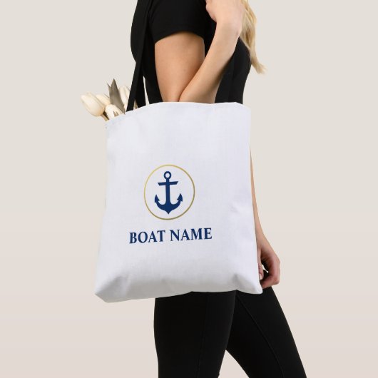 Nautisch Blauw Goud Anker Boot Naam Wit Tas (Dichtbij)