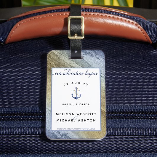 #nautisch blauw & goud #bruiloft Bewaar de datum Bagagelabel (Voorkant Insitu 2)