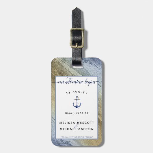 #nautisch blauw & goud #bruiloft Bewaar de datum Bagagelabel (Voorkant verticaal)