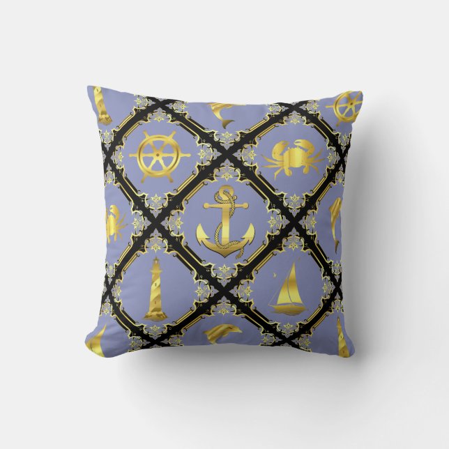 Nautisch blauw/goud/dolfijn/zeilboot/anker/krab kussen (Voorkant)
