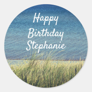 Nautisch blauw Happy Birthday Beach Landscape Cute Ronde Sticker