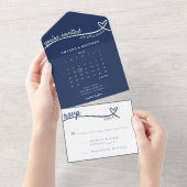 Nautisch Blauw Hart Monogram Kalender Bruiloft All In One Uitnodiging (Afscheurbaar)