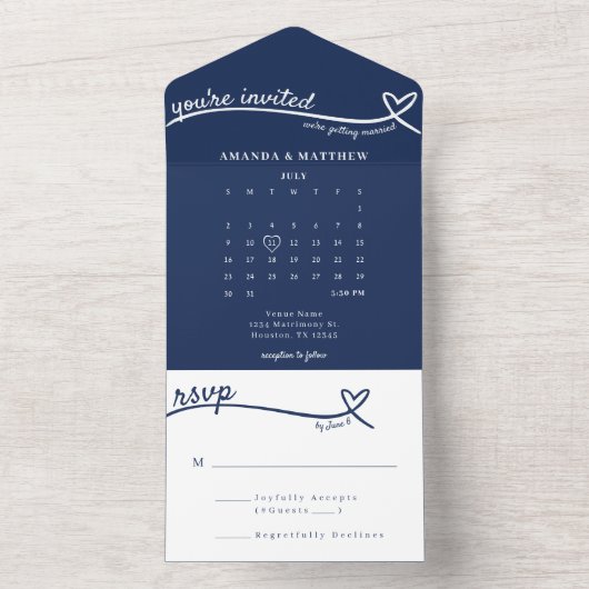 Nautisch Blauw Hart Monogram Kalender Bruiloft All In One Uitnodiging (Binnen)