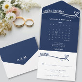 Nautisch Blauw Hart Monogram Kalender Bruiloft All In One Uitnodiging