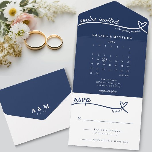 Nautisch Blauw Hart Monogram Kalender Bruiloft All In One Uitnodiging