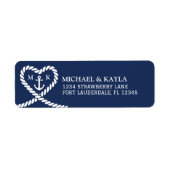 Nautisch Blauw Hart Rope Anker Monogram Bruiloft Etiket (Voorkant)