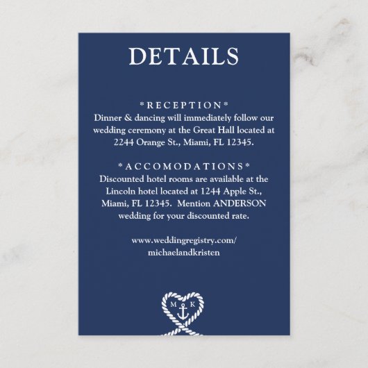 Nautisch Blauw Hart Touw Monogram Bruiloft Details Informatiekaartje (Voorkant)