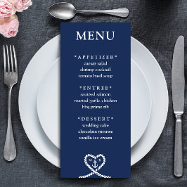 Nautisch Blauw Hart Touw Monogram Bruiloft Menu