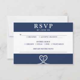 Nautisch Blauw Hart Touw Monogram Bruiloft RSVP Kaartje