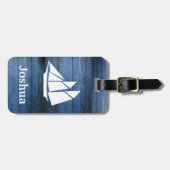 Nautisch blauw hout en wit zeilschip Aangepaste na Bagagelabel (Voorkant horizontaal)