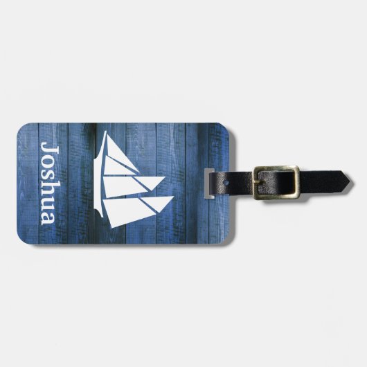 Nautisch blauw hout en wit zeilschip Aangepaste na Bagagelabel (Voorkant horizontaal)