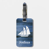 Nautisch blauw hout en wit zeilschip Aangepaste na Bagagelabel (Achterkant verticaal)