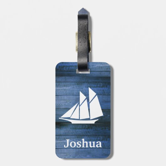 Nautisch blauw hout en wit zeilschip Aangepaste na Bagagelabel (Achterkant verticaal)