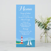 Nautisch Blauw Menu Zeilboot & Vuurtoren Bruiloft (Staand voorkant)