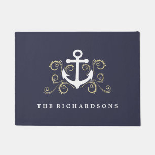 Nautisch blauw met goudkleurige riemen deurmat