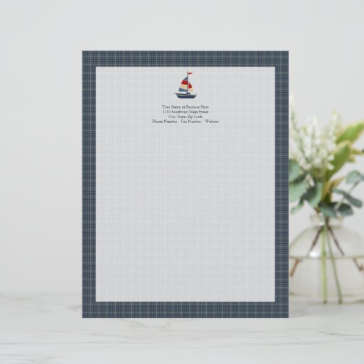 Nautisch blauw, rood, crèmezeilboot, aangepast custom briefhoofd (Staand voorkant)