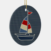 Nautisch blauw, rood, crèmezeilboot, aangepast keramisch ornament (Rechts)