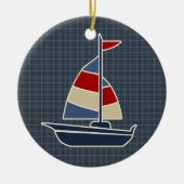 Nautisch blauw, rood, crèmezeilboot, aangepast keramisch ornament (Voorkant)