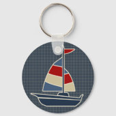 Nautisch blauw, rood, crèmezeilboot, aangepast sleutelhanger (Voorkant)