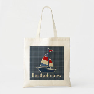 Nautisch blauw, rood, crèmezeilboot, aangepast tote bag