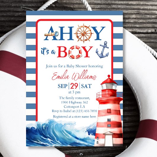 Nautisch blauw rood grillig Ahoy Boy Baby shower Kaart