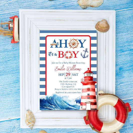 Nautisch blauw rood grillig Ahoy Boy Baby shower Kaart