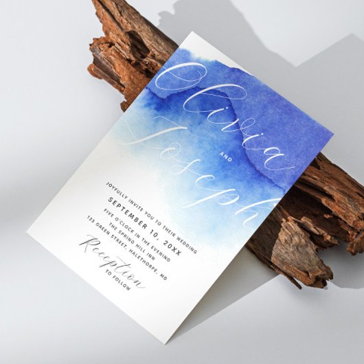 Nautisch blauw script foto bruiloft + QR details Kaart