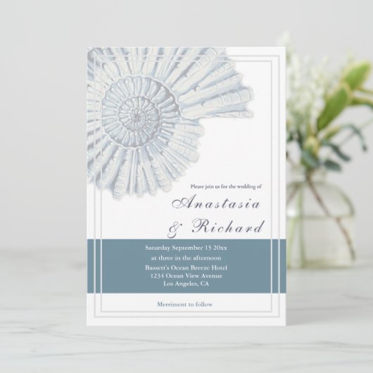 Nautisch Blauw Strand Shell Fossil Wedding Kaart (Staand voorkant)