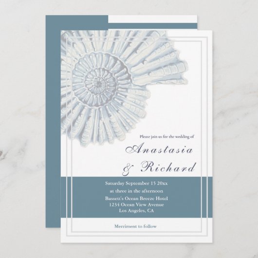 Nautisch Blauw Strand Shell Fossil Wedding Kaart (Voorkant / Achterkant)