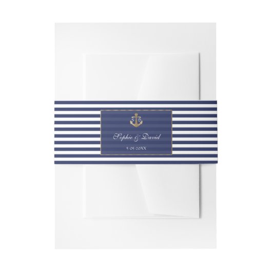 Nautisch Blauw Stripes Goud Anker Wedding Uitnodigingen Wikkel (Voorkant Voorbeeld)