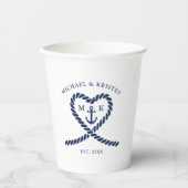 Nautisch Blauw Touw Hart Anker Monogram Bruiloft Papieren Bekers (Voorkant)