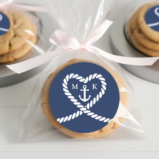 Nautisch Blauw Touw Hart Anker Monogram Bruiloft Ronde Sticker